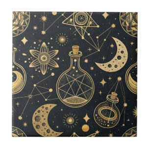 Boho Celestial mit goldenen Alchemie-Symbolen Fliese