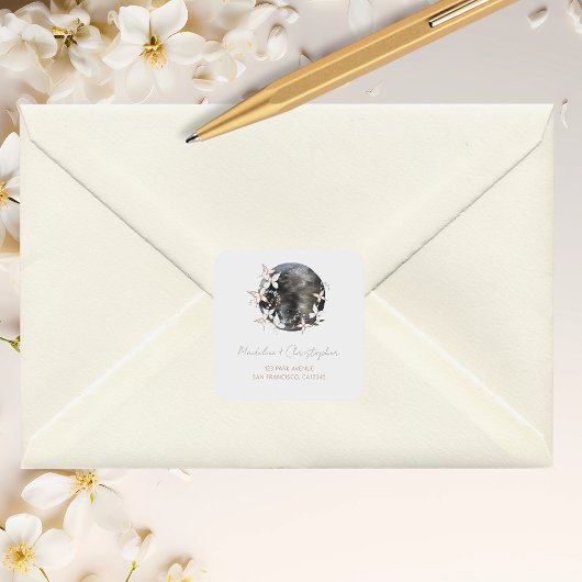 Boho Celestial Moon Floral Wedding Address Quadratischer Aufkleber