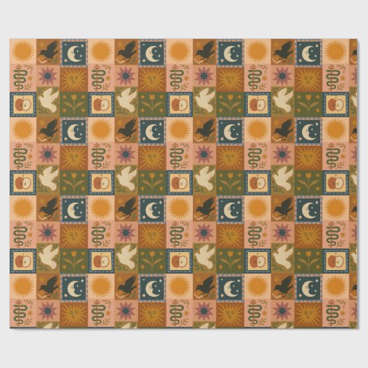 Boho Celestial | Retro Sonne & Mond Geschenkpapier (Flach)