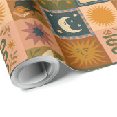 Boho Celestial | Retro Sonne & Mond Geschenkpapier (Rolleneckpunkt)