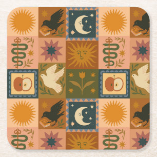 Boho Celestial Retro Sonne & Mond Rechteckiger Pappuntersetzer