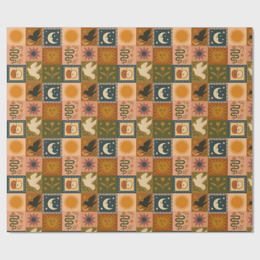 Boho Celestial | Retro Sun & Moon Geschenkpapier (Flach)