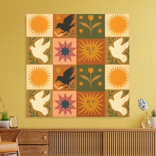 Boho Celestial | Retro Sun & Moon Leinwanddruck (Insitu (Wohnzimmer))