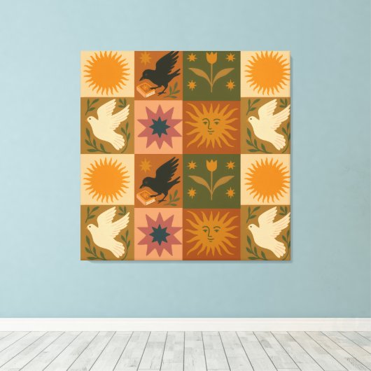 Boho Celestial | Retro Sun & Moon Leinwanddruck (Insitu (Holzboden))