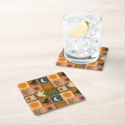 Boho Celestial | Retro Sun & Moon Rechteckiger Pappuntersetzer (Vor Ort)