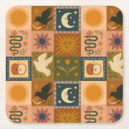 Boho Celestial | Retro Sun & Moon Rechteckiger Pappuntersetzer