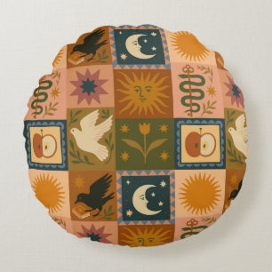 Boho Celestial   Retro Sun & Moon Rundes Kissen