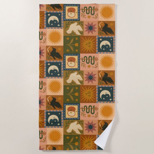 Boho Celestial | Retro Sun & Moon Strandtuch (Vorderseite)