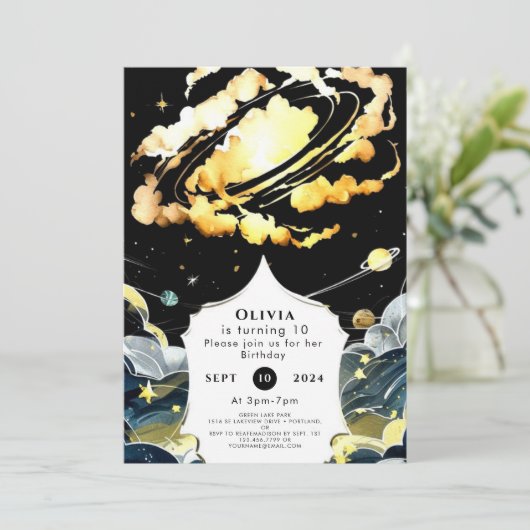 Boho Celestial Space Birthday Einladung (Stehend Vorderseite)