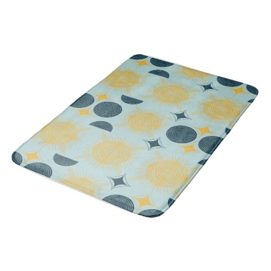 Boho Celestial Sun Moon Blue Pattern Bathmat Badematte (Schrägansicht)