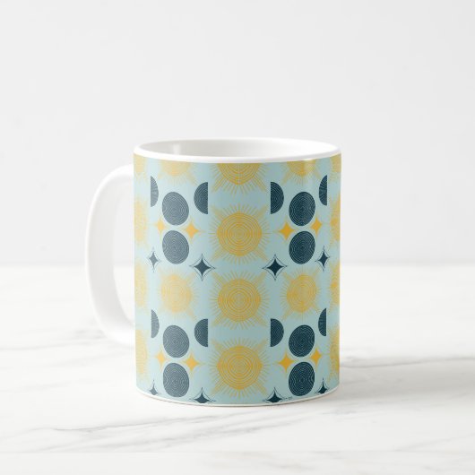 Boho Celestial Sun Moon Blue Pattern Kaffeetasse (Vorderseite Links)