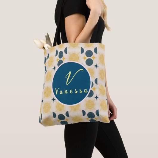 Boho Celestial Sun Moon Monogram Script Tote Bag Tasche (Von Nahem)