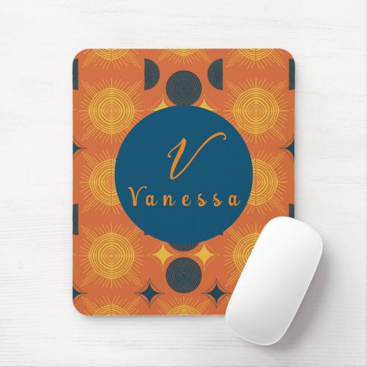 Boho Celestial Sun Moon Orange Monogram Script Mousepad (Mit Mouse)