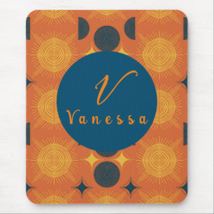 Boho Celestial Sun Moon Orange Monogram Script Mousepad