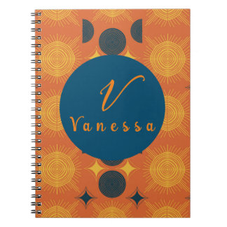 Boho Celestial Sun Moon Orange Monogram Script Notizblock