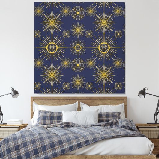 Boho Celestial Sun Stars Blue Pattern Leinwanddruck (Insitu (Schlafzimmer))