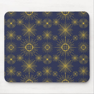 Boho Celestial Sun Stars Blue Pattern Mousepad