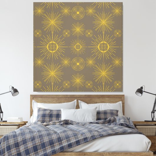 Boho Celestial Sun Stars Grau Muster Leinwanddruck (Insitu (Schlafzimmer))
