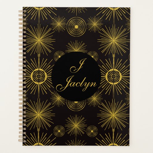 Boho Celestial Sun Stars Personalisiert Black Planer (Vorderseite)