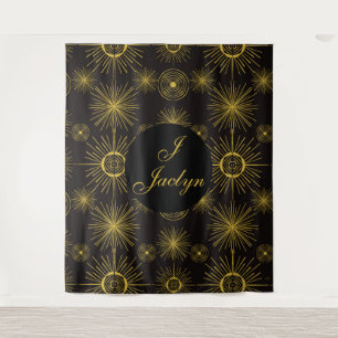 Boho Celestial Sun Stars Personalisiert Black Wandteppich