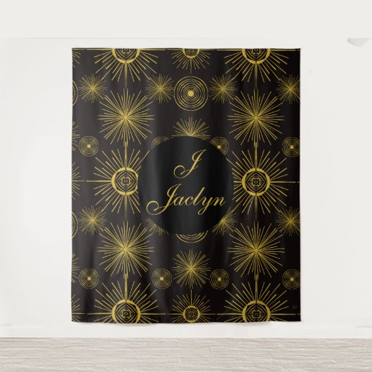 Boho Celestial Sun Stars Personalisiert Black Wandteppich (Vorderseite)