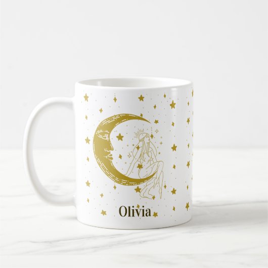 Boho Celestial Woman Whimsical Moon Stars Brauch Kaffeetasse (Links)