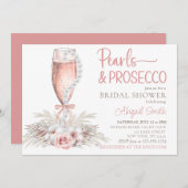 Boho Champagne Glass Pearls & Prosecco Brautparty Einladung (Vorne/Hinten)