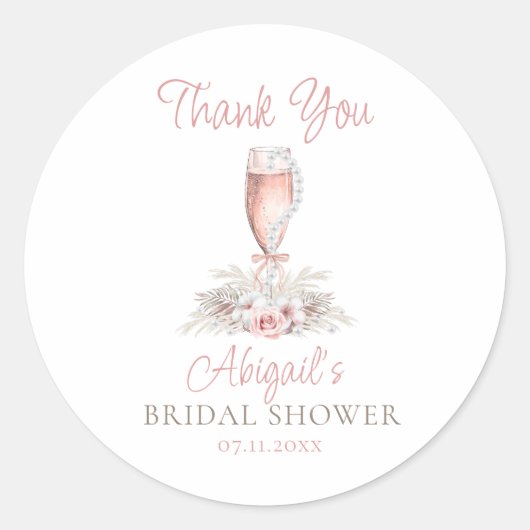 Boho Champagne Glass Pearls & Prosecco Brautparty Runder Aufkleber (Vorderseite)