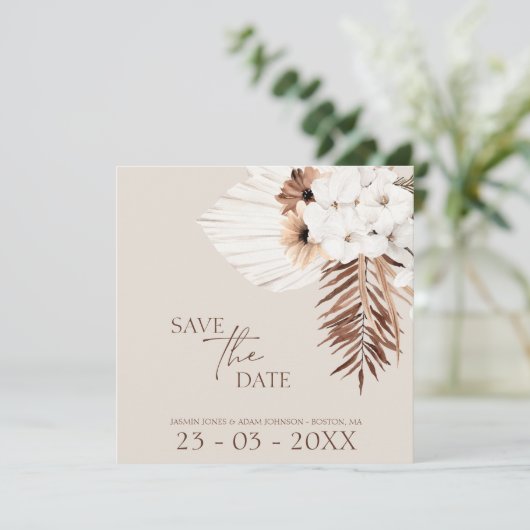 Boho Champagne White Pampas Grass Wedding Save The Date (Stehend Vorderseite)