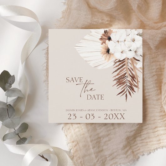 Boho Champagne White Pampas Grass Wedding Save The Date