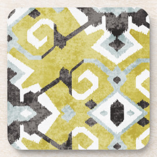 Boho chelgelbe Ikat-Tribal-Muster Monogramm Getränkeuntersetzer