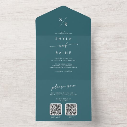 Boho Chic Aquamarin Blue Dual QR Code Hochzeit All In One Einladung (Innen Boden)