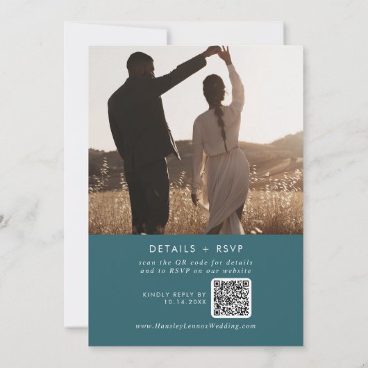 Boho Chic Aquamarin Blue Foto QR Code Hochzeit Einladung (Rückseite)