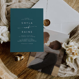 Boho Chic Aquamarin Blue Lässiges Foto Hochzeit Einladung