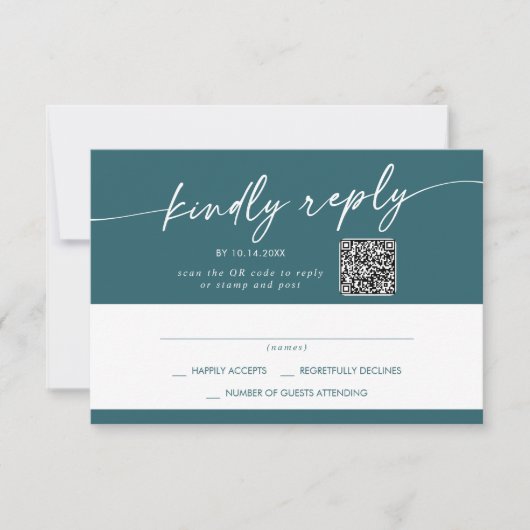 Boho Chic Aquamarin Blue Mail In und QR Code RSVP Karte (Vorderseite)