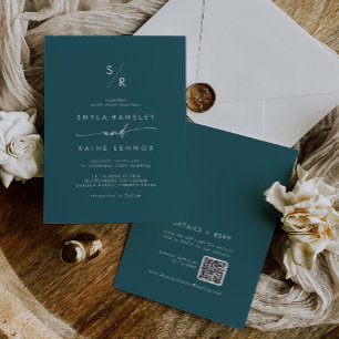 Boho Chic Aquamarin Blue Monogram QR Code Wedding Einladung