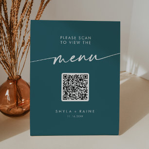 Boho Chic Aquamarin Blue QR Code Wedding Menu Sockelschild