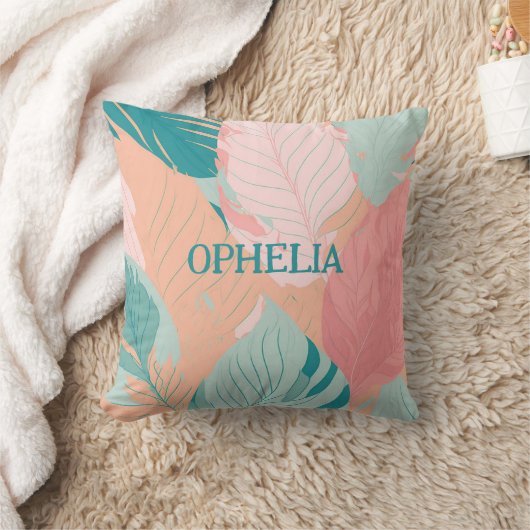 Boho Chic Aquamarin Coral Pink Blätter Baby Name Kissen (Decke)