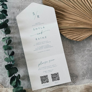 Boho Chic Aquamariner und weißer QR-Code Hochzeit All In One Einladung