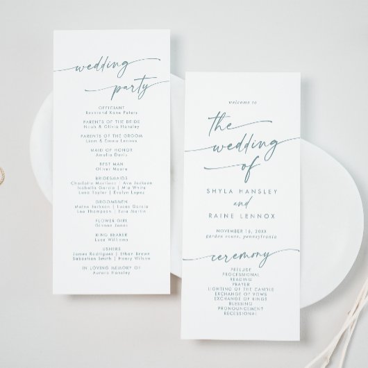 Boho Chic Aquamariner und weißer Tee Hochzeit Programm