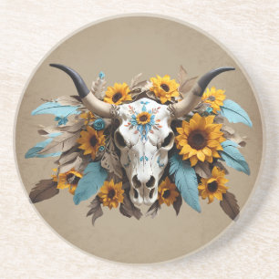 Boho-Chic-Aquarell-Sonnenblume-Feder-Kuh-Schädel Getränkeuntersetzer
