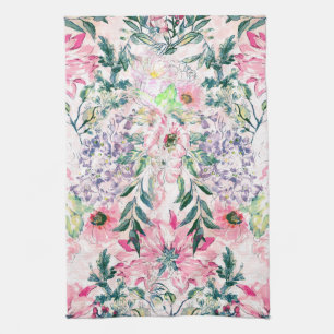 Boho Chic Aquarellfeder Rosa Blütenblume Geschirrtuch