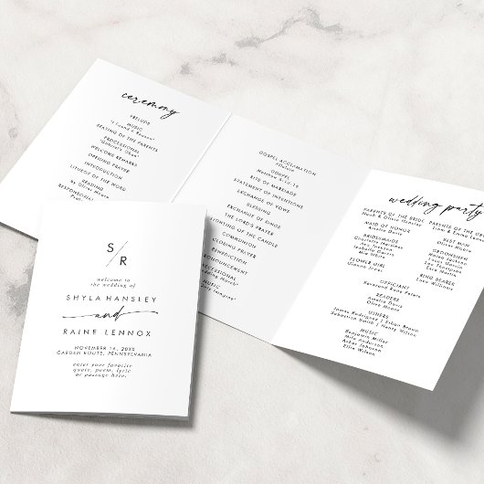 Boho Chic Black and White Monogram Wedding Dreifach-gefaltete Programmkarte