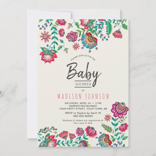 Boho Chic | Blau | Folk-Blume | Babydusche Einladung (Vorderseite)