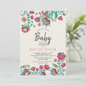 Boho Chic | Blau | Folk-Blume | Babydusche Einladung (Stehend Vorderseite)