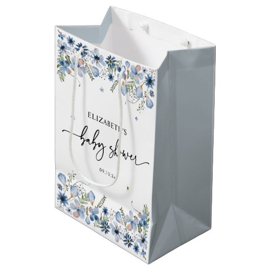 Boho Chic Blue Florals Babydusche Mittlere Geschen Mittlere Geschenktüte (Vorderseite Schrägansicht)
