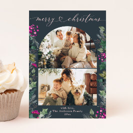 Boho Chic Blue Pink Foliage Foto Weihnachtskarte Feiertagskarte