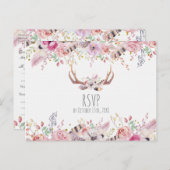 Boho Chic Blume Deer Antlers Rustic Wedding RSVP Einladungspostkarte (Vorne/Hinten)