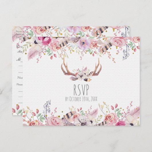 Boho Chic Blume Deer Antlers Rustic Wedding RSVP Einladungspostkarte (Vorne/Hinten)