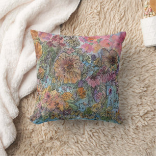 Boho-Chic-Blumengarten-Aquarellmalerei Kissen